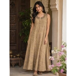 South Asian Kameez Paisley Kurta Women M Gold‎ Excellent Sleeveless Mirror